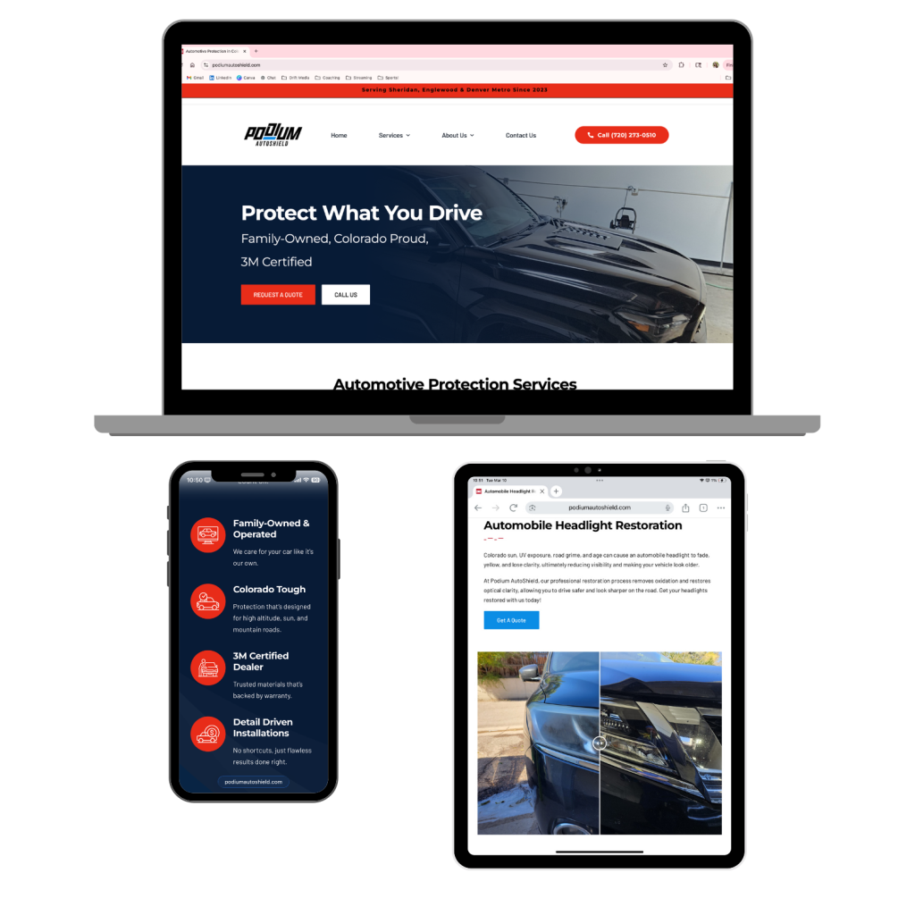 Podium AutoShield website on laptop, phone, and tablet.